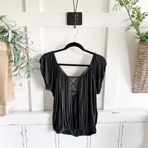Black shirt with plunging lace neckline
